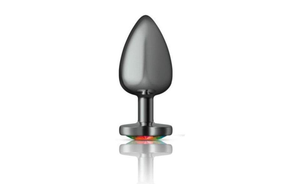 Cheeky Charms Gunmetal Butt Plug w Heart Rainbow Jewel Medium - Adult Toys