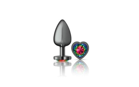 Cheeky Charms Gunmetal Butt Plug w Heart Rainbow Jewel Small - Adult Toys