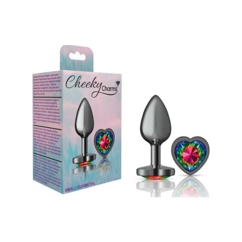 Cheeky Charms Gunmetal Butt Plug w Heart Rainbow Jewel Small - Naughty by Nature Adult Store