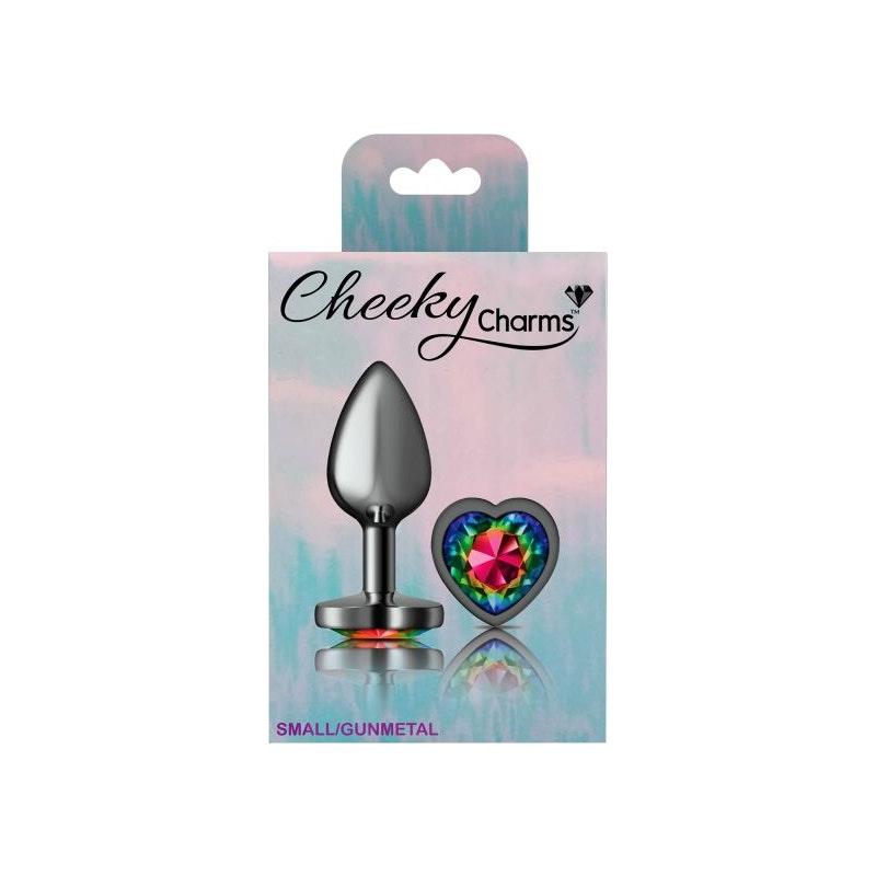 Cheeky Charms Gunmetal Butt Plug w Heart Rainbow Jewel Small - Naughty by Nature Adult Store