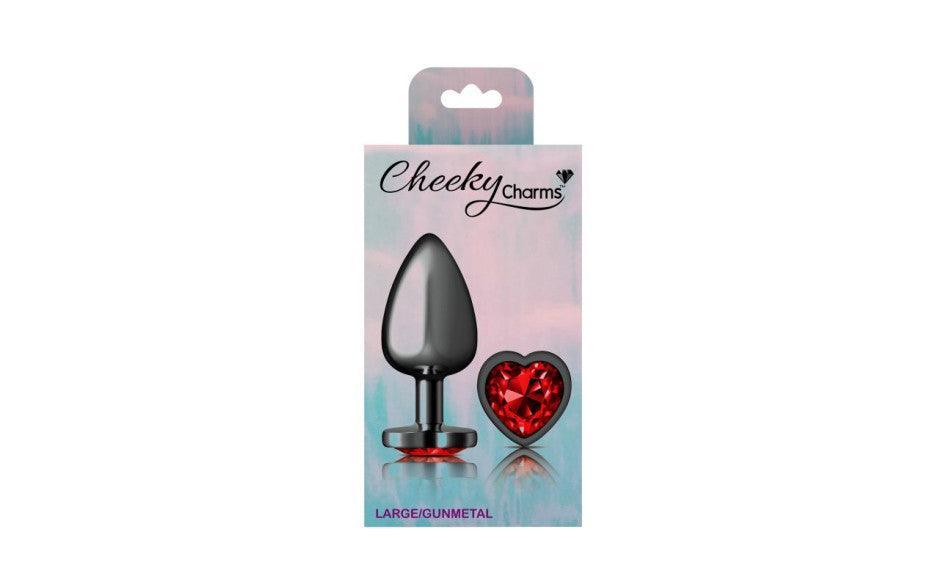 Cheeky Charms Gunmetal Butt Plug w Heart Red Jewel Small - Adult Toys