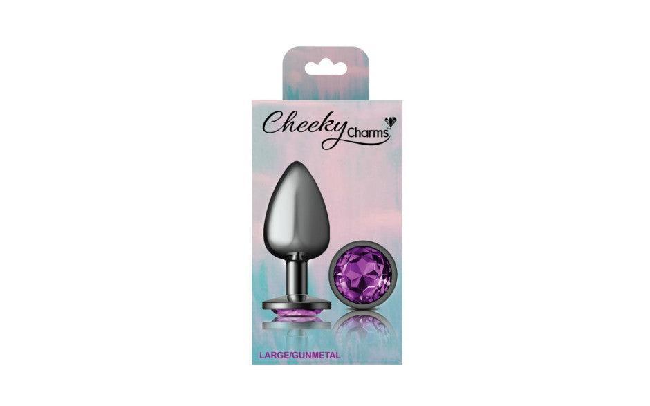 Cheeky Charms Gunmetal Round Butt Plug w Purple Jewel Large - Adult Toys