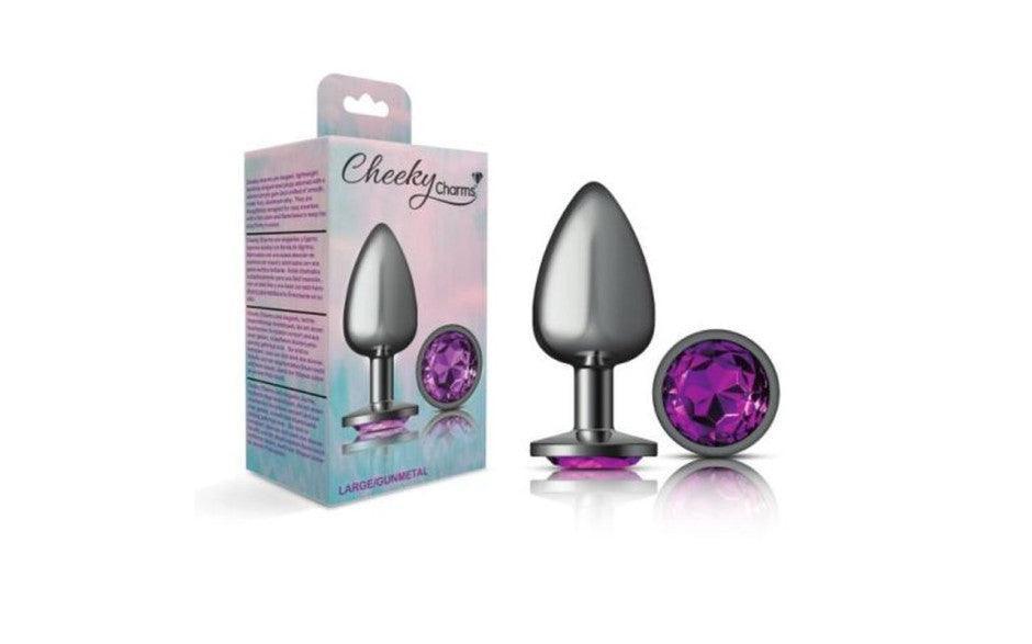 Cheeky Charms Gunmetal Round Butt Plug w Purple Jewel Large - Adult Toys