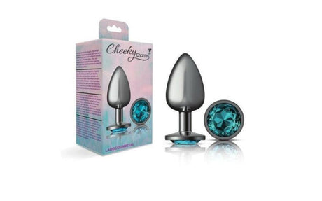 Cheeky Charms Gunmetal Round Butt Plug w Teal Jewel Large - Adult Toys