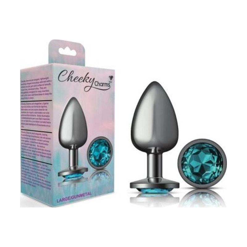Cheeky Charms Gunmetal Round Butt Plug w Teal Jewel Large - Adult Toys
