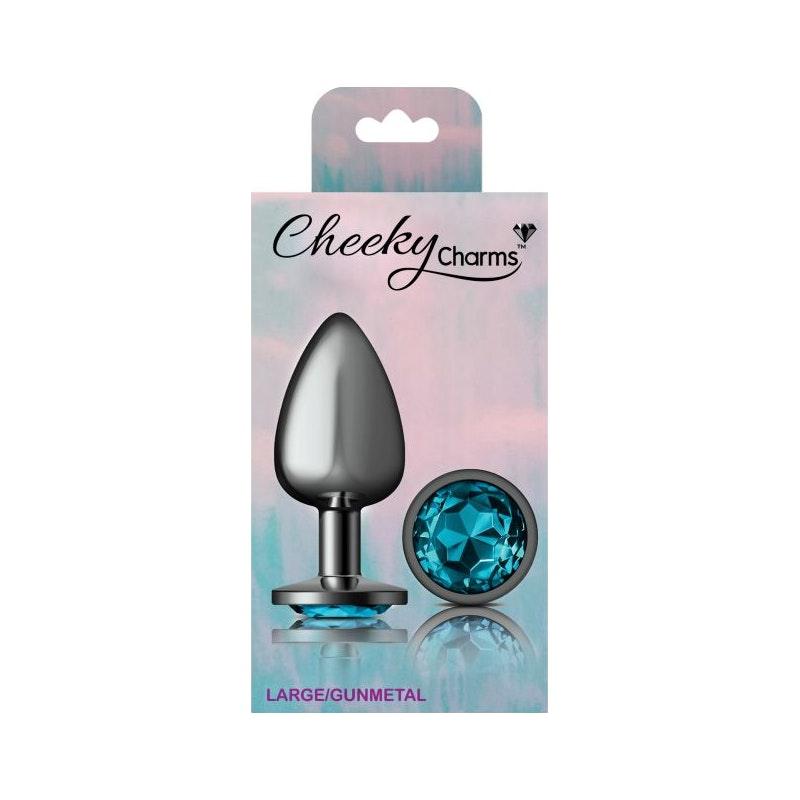 Cheeky Charms Gunmetal Round Butt Plug w Teal Jewel Large - Naughty by Nature Adult Store