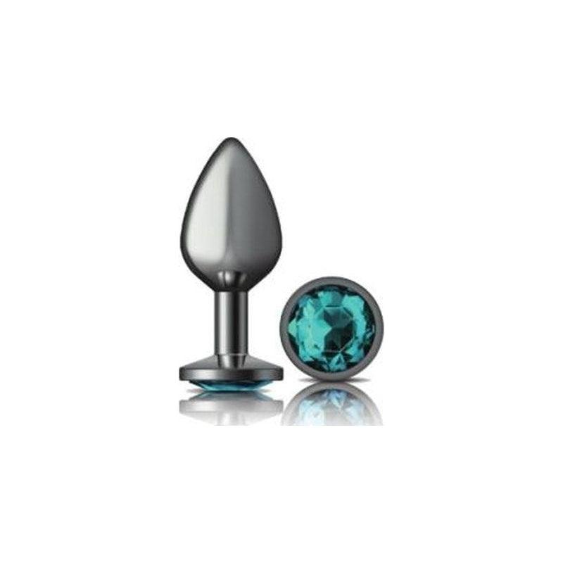 Cheeky Charms Gunmetal Round Butt Plug w Teal Jewel Medium - Adult Toys