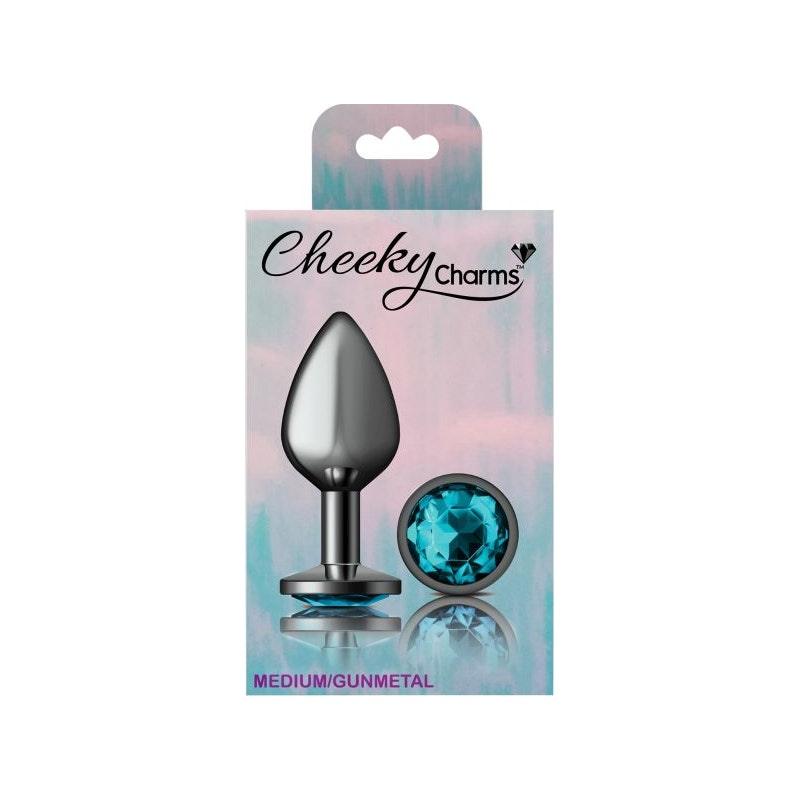 Cheeky Charms Gunmetal Round Butt Plug w Teal Jewel Medium - Naughty by Nature Adult Store