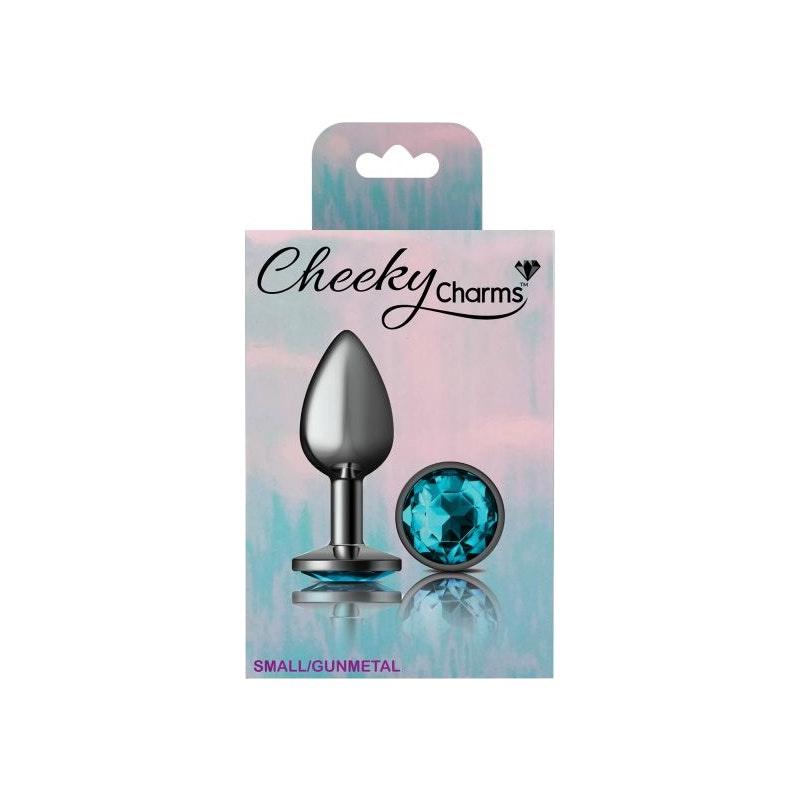 Cheeky Charms Gunmetal Round Butt Plug w Teal Jewel Small - Adult Toys