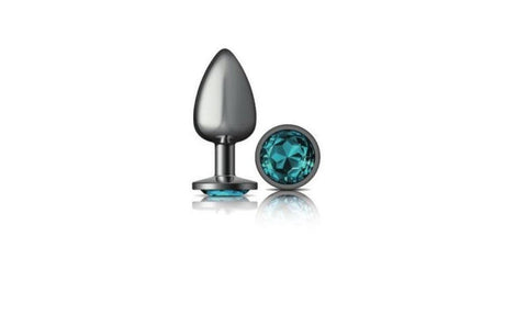 Cheeky Charms Gunmetal Round Butt Plug w Teal Jewel Small - Adult Toys