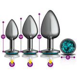Cheeky Charms Round Metal Butt Plug Gunmetal 3 Pc Kit w Teal Jewel - Adult Toys