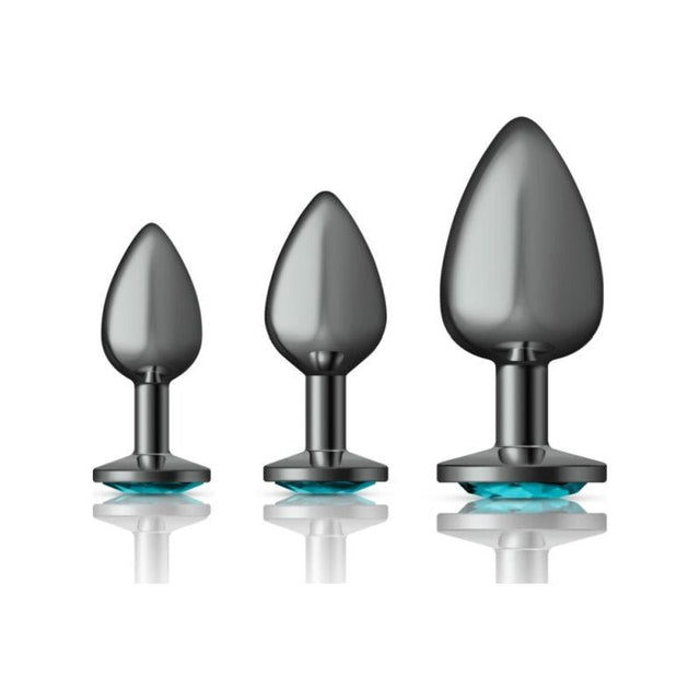 Cheeky Charms Round Metal Butt Plug Gunmetal 3 Pc Kit w Teal Jewel - Adult Toys