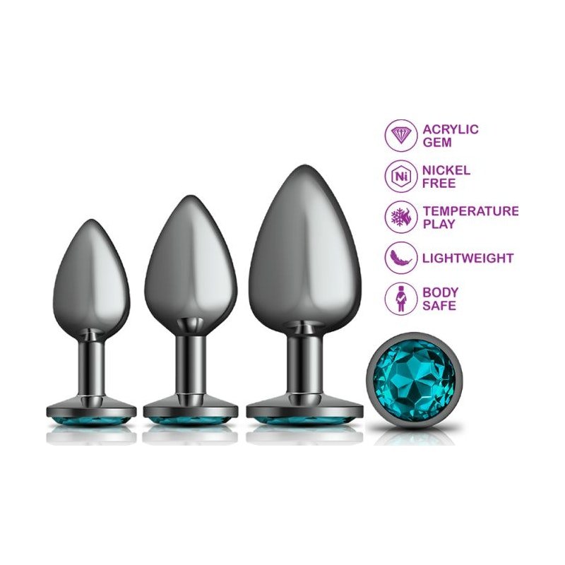 Cheeky Charms Round Metal Butt Plug Gunmetal 3 Pc Kit w Teal Jewel - Adult Toys