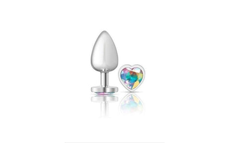 Cheeky Charms Silver Metal Butt Plug w Heart Clear Jewel Large - Adult Toys