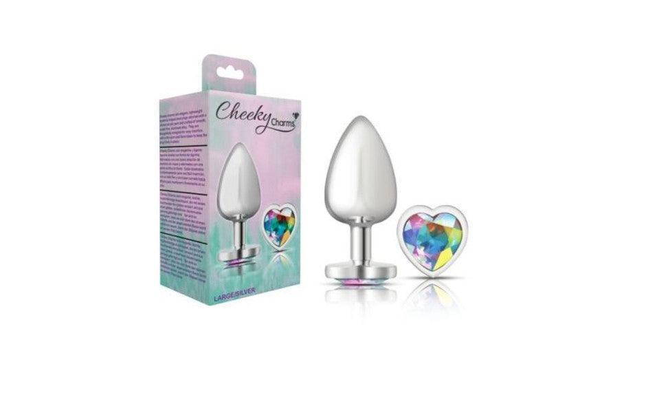 Cheeky Charms Silver Metal Butt Plug w Heart Clear Jewel Large - Naughty by Nature Adult Store