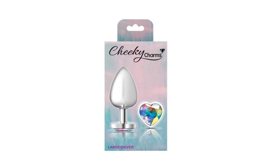 Cheeky Charms Silver Metal Butt Plug w Heart Clear Jewel Large - Naughty by Nature Adult Store