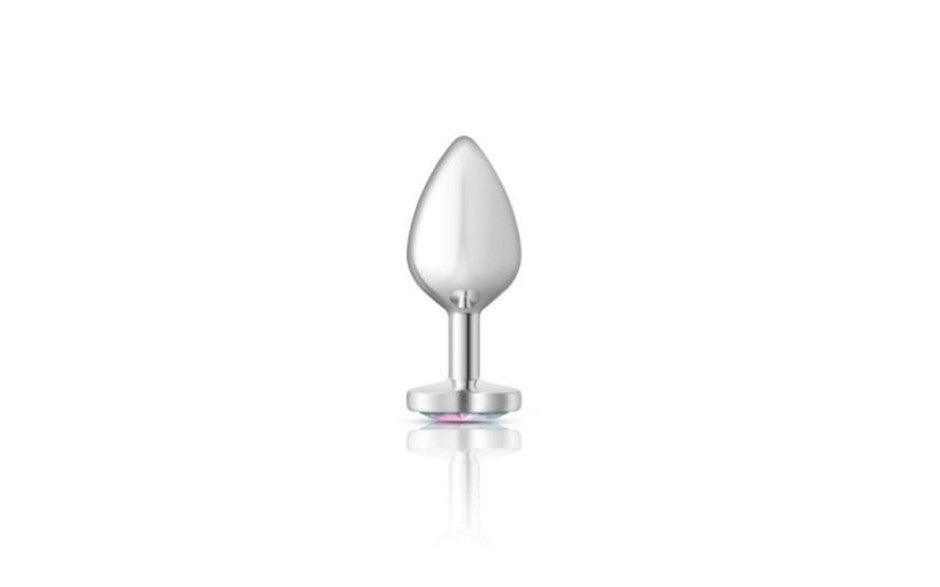 Cheeky Charms Silver Metal Butt Plug w Heart Clear Jewel Medium - Adult Toys
