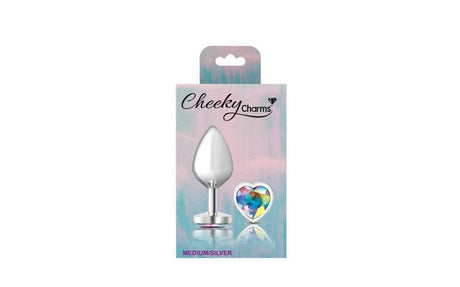 Cheeky Charms Silver Metal Butt Plug w Heart Clear Jewel Medium - Naughty by Nature Adult Store