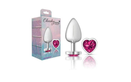 Cheeky Charms Silver Metal Butt Plug w Heart Pink Jewel Large - Adult Toys