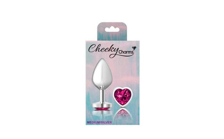 Cheeky Charms Silver Metal Butt Plug w Heart Pink Jewel Medium - Adult Toys