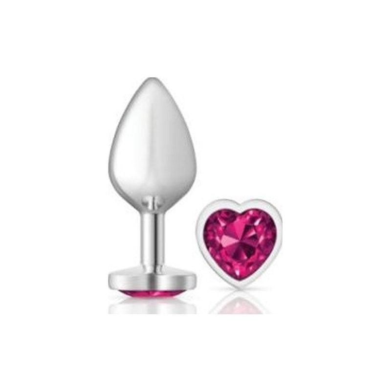 Cheeky Charms Silver Metal Butt Plug w Heart Pink Jewel Medium - Adult Toys