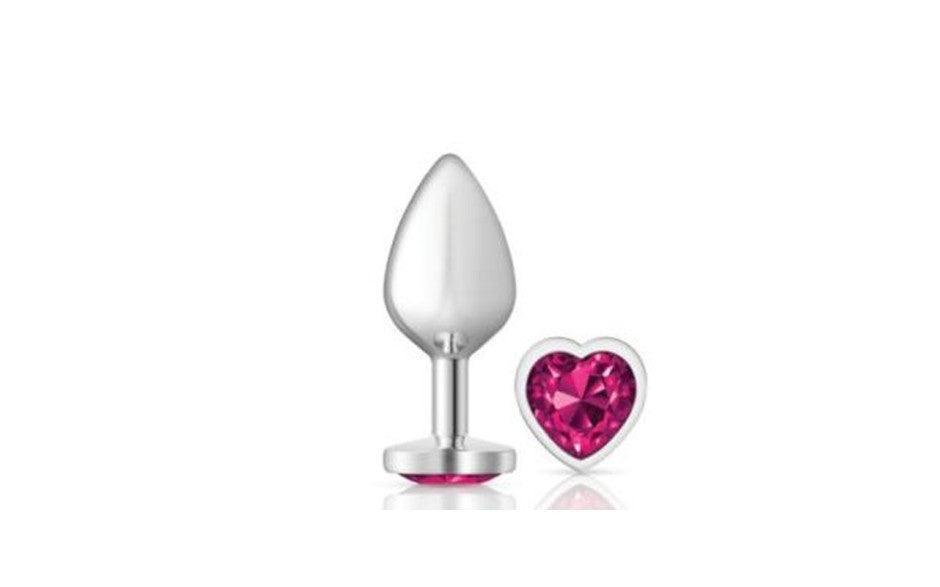Cheeky Charms Silver Metal Butt Plug w Heart Pink Jewel Medium - Adult Toys