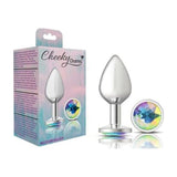 Cheeky Charms Silver Round Butt Plug w Clear Iridescent Jewel Large - Adult Toys