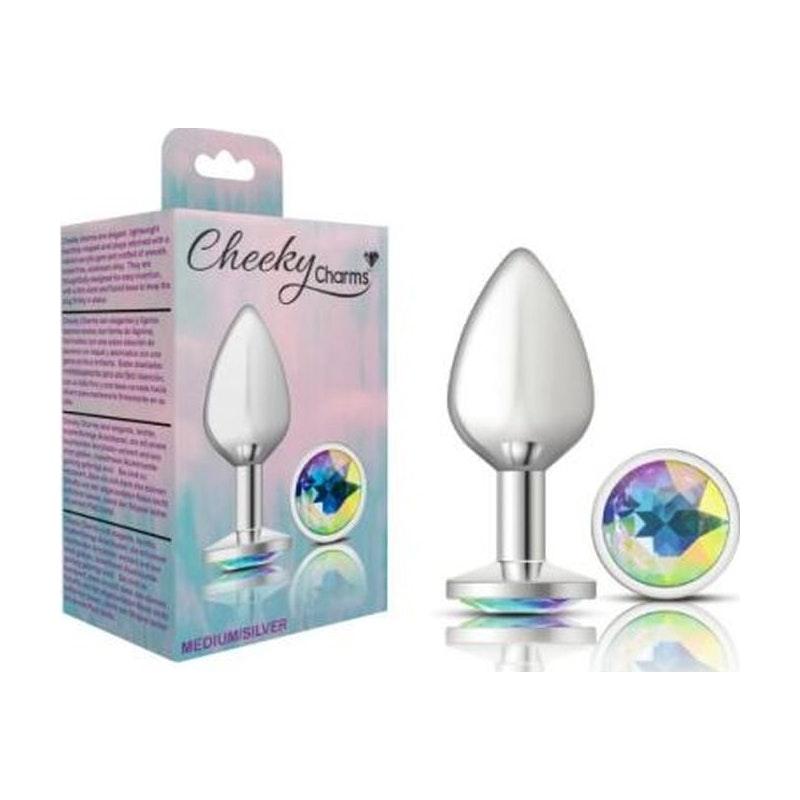 Cheeky Charms Silver Round Butt Plug w Clear Iridescent Jewel Large - Adult Toys