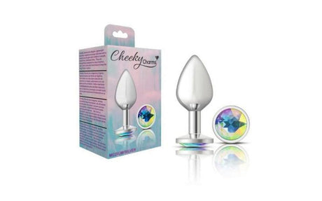 Cheeky Charms Silver Round Butt Plug w Clear Iridescent Jewel Medium - Adult Toys
