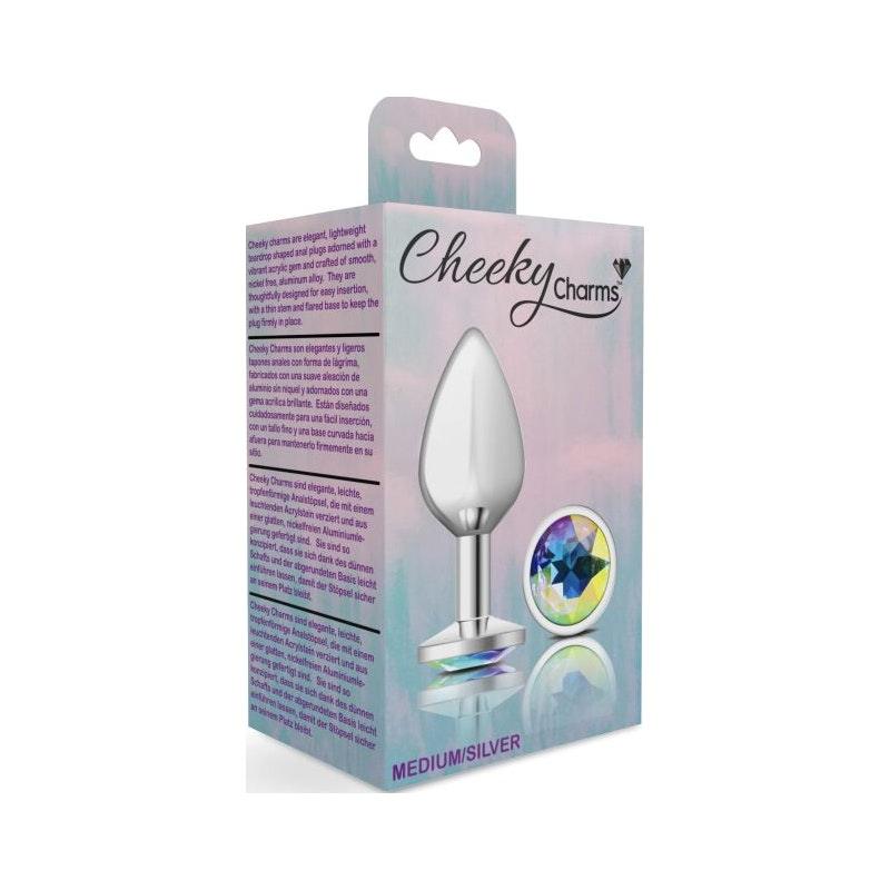 Cheeky Charms Silver Round Butt Plug w Clear Iridescent Jewel Medium - Adult Toys
