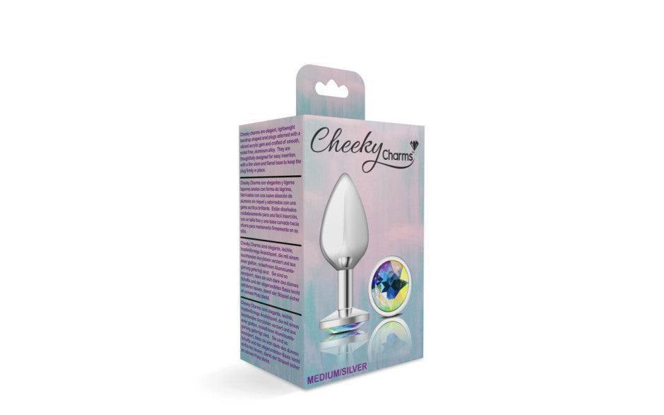 Cheeky Charms Silver Round Butt Plug w Clear Iridescent Jewel Medium - Naughty by Nature Adult Store