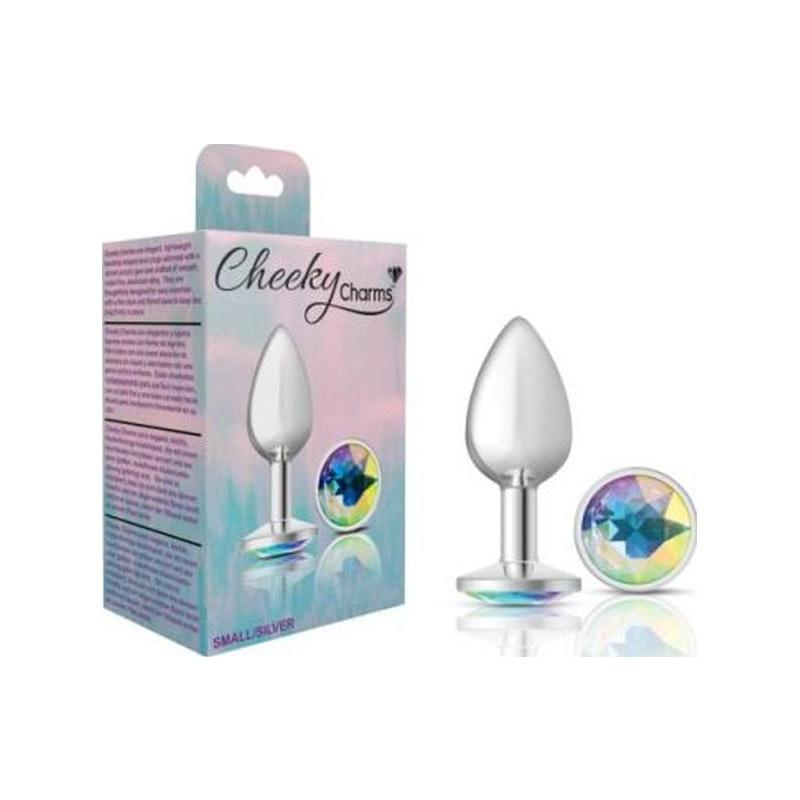 Cheeky Charms Silver Round Butt Plug w Clear Iridescent Jewel Small - Naughty by Nature Adult Store