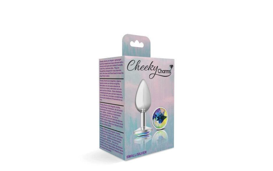 Cheeky Charms Silver Round Butt Plug w Clear Iridescent Jewel Small - Naughty by Nature Adult Store