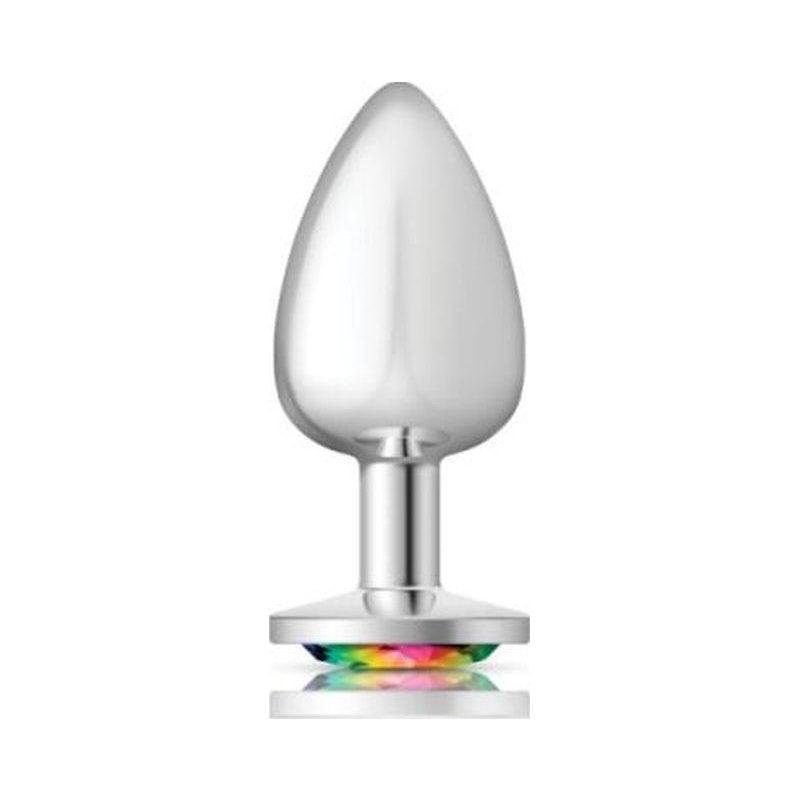 Cheeky Charms Silver Round Butt Plug w Rainbow Jewel Large - Adult Toys