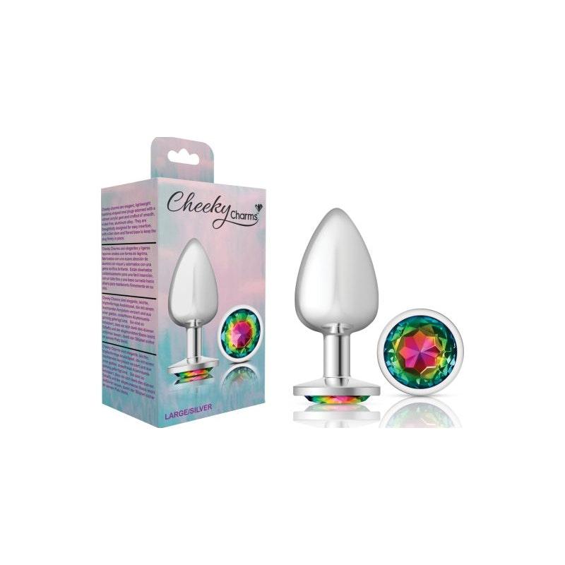 Cheeky Charms Silver Round Butt Plug w Rainbow Jewel Large - Naughty by Nature Adult Store