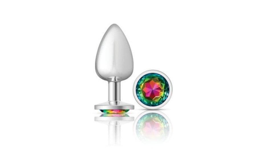 Cheeky Charms Silver Round Butt Plug w Rainbow Jewel Large - Naughty by Nature Adult Store