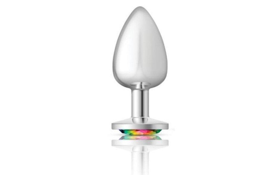 Cheeky Charms Silver Round Butt Plug w Rainbow Jewel Large - Naughty by Nature Adult Store