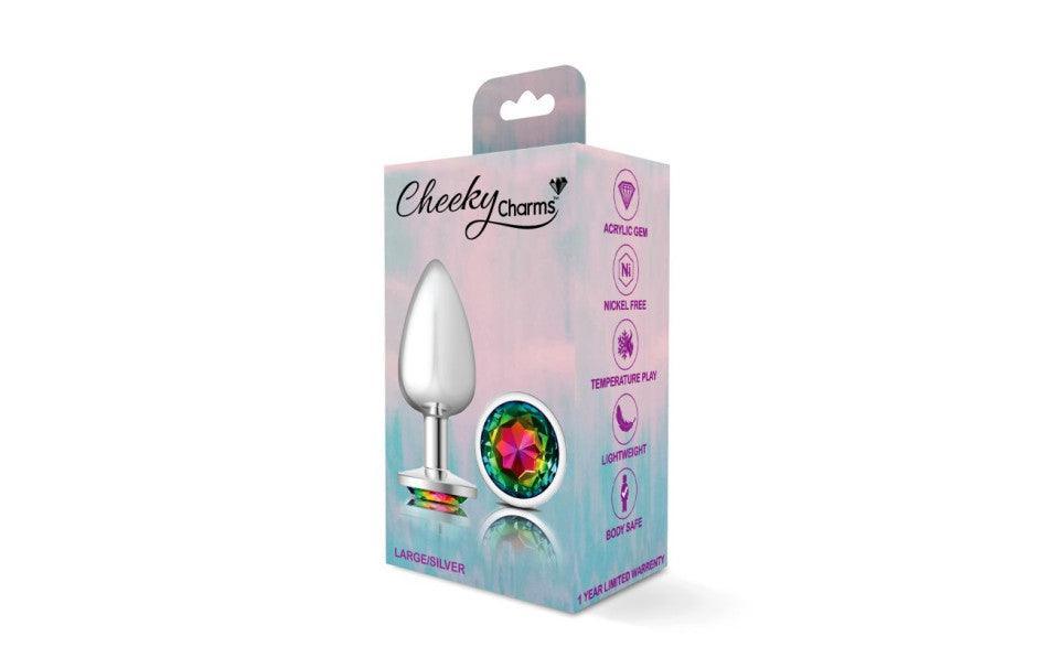 Cheeky Charms Silver Round Butt Plug w Rainbow Jewel Large - Naughty by Nature Adult Store