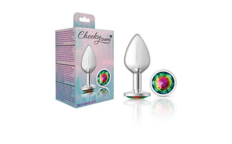 Cheeky Charms Silver Round Butt Plug w Rainbow Jewel Medium - Naughty by Nature Adult Store