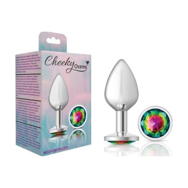 Cheeky Charms Silver Round Butt Plug w Rainbow Jewel Medium - Naughty by Nature Adult Store