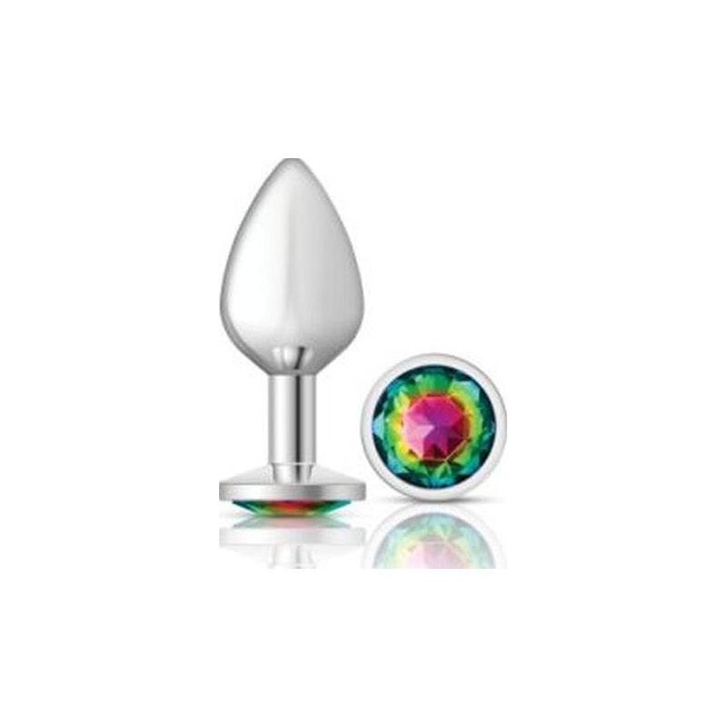 Cheeky Charms Silver Round Butt Plug w Rainbow Jewel Medium - Naughty by Nature Adult Store