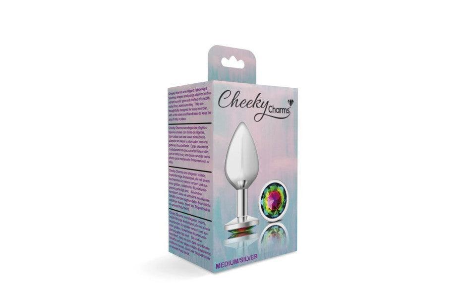 Cheeky Charms Silver Round Butt Plug w Rainbow Jewel Medium - Naughty by Nature Adult Store