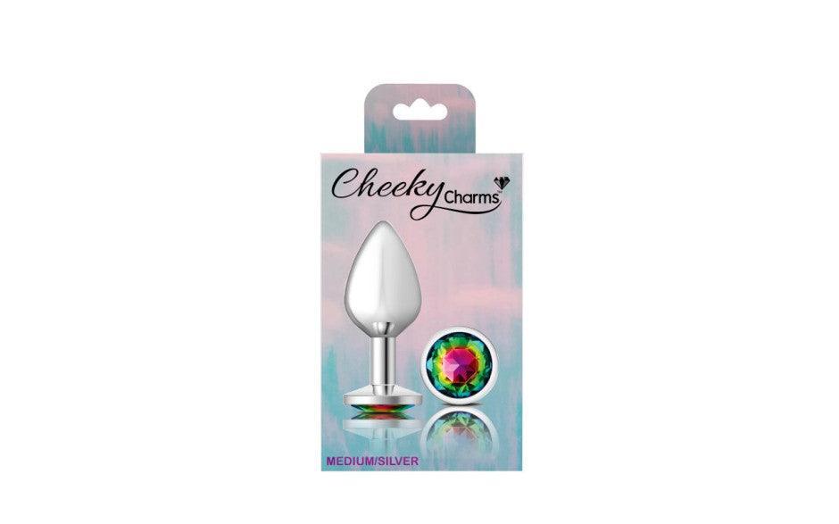 Cheeky Charms Silver Round Butt Plug w Rainbow Jewel Medium - Naughty by Nature Adult Store