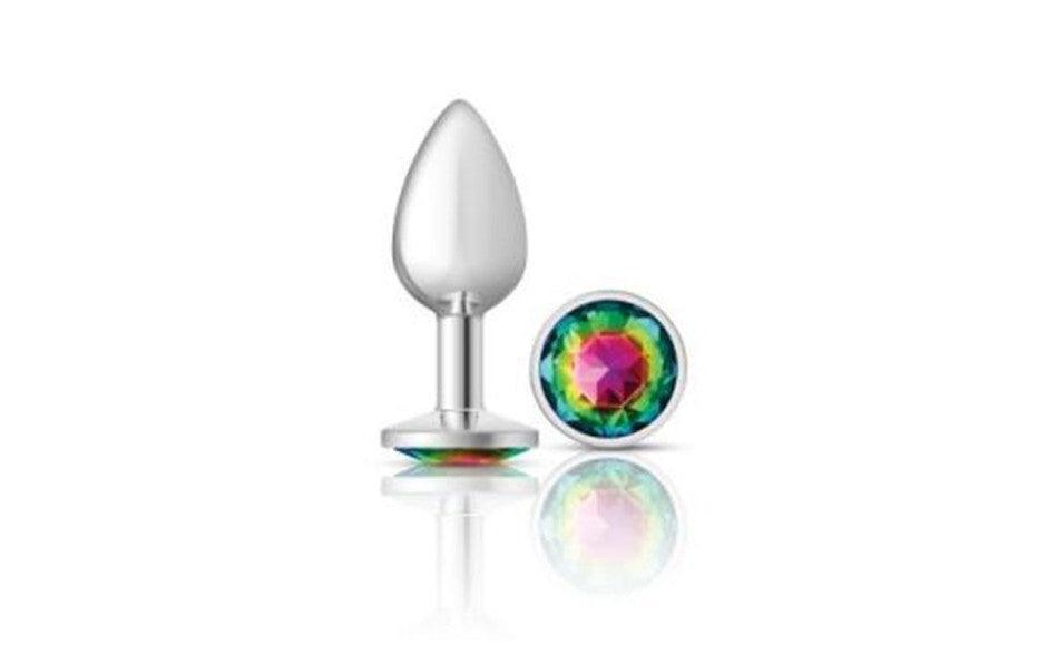 Cheeky Charms Silver Round Butt Plug w Rainbow Jewel Small - Adult Toys
