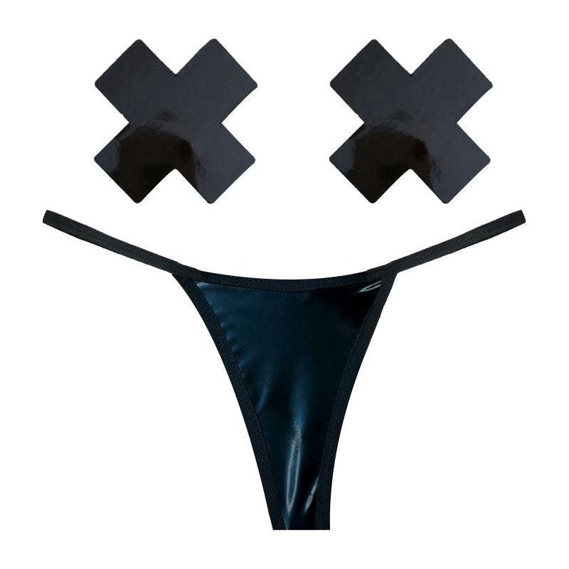 Dom Squad Black Wet Vinyl Pastie & G - String Set - Adult Toys