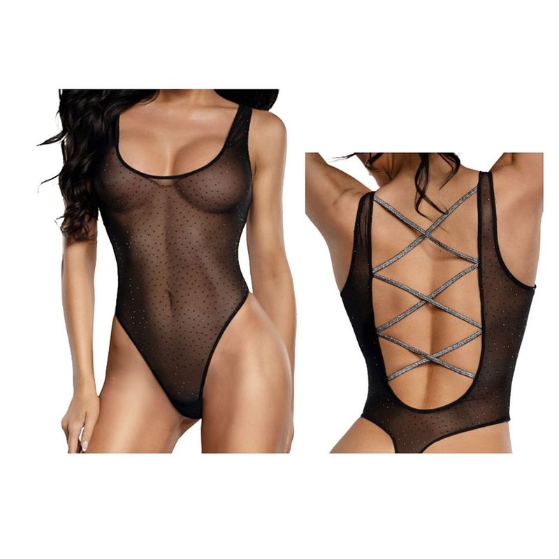 DreamGirl Sheer Mesh Rhinestone Teddy Black - Lingerie
