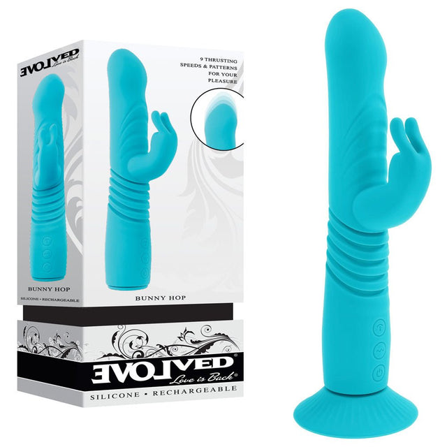 Evolved BUNNY HOP - Teal 25.1 cm USB Rechargeable Thrusting Rabbit Vibrator with Suction Base - VIBRATORS