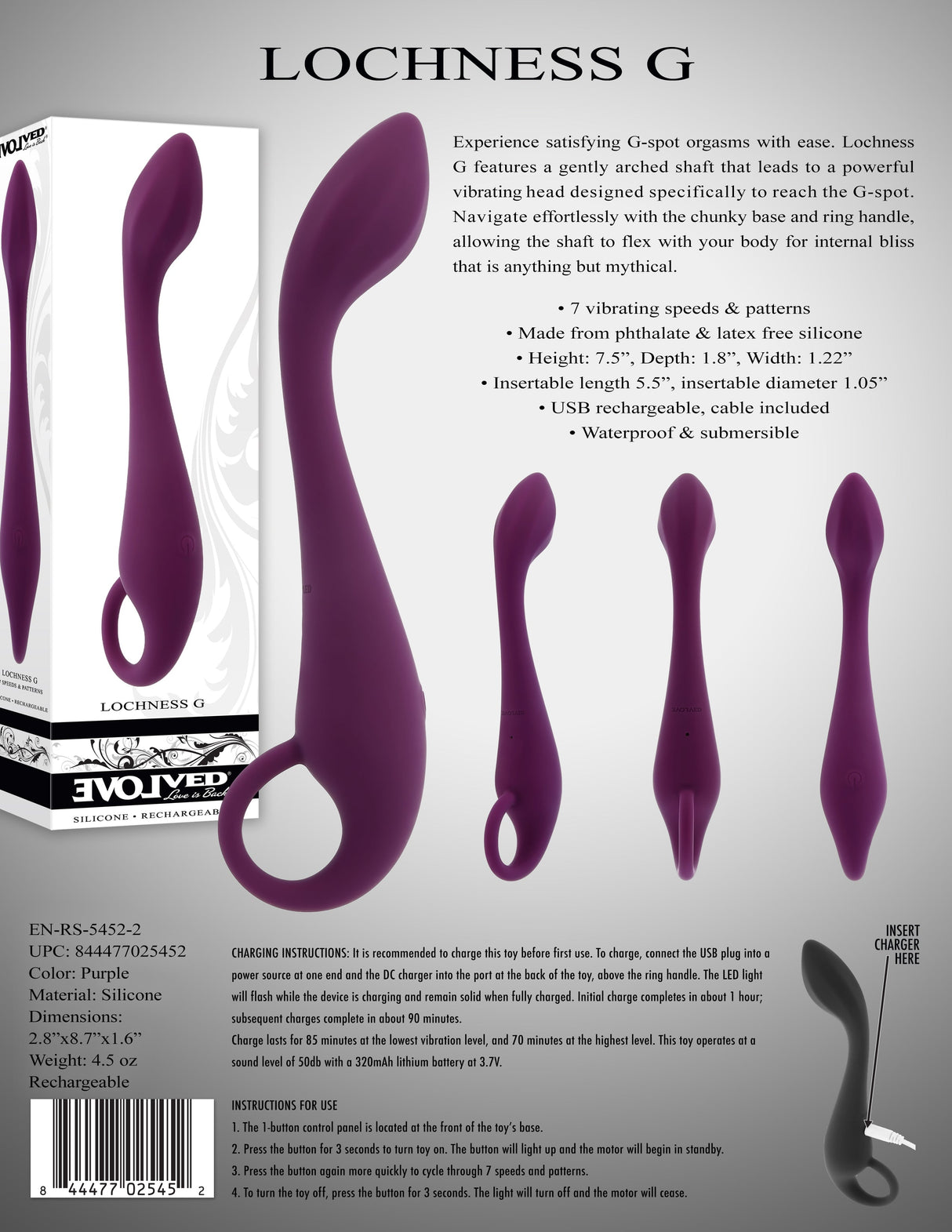 Evolved LOCHNESS G - Purple 19 cm USB Rechargeable Vibrator - VIBRATORS