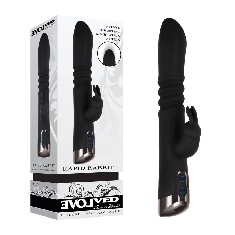 Evolved Rapid Rabbit - Black 25.4 cm USB Rechargeable Thrusting Rabbit Vibrator - VIBRATORS - RABBIT