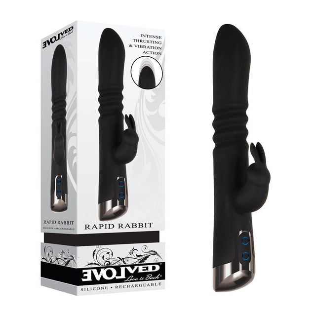 Evolved Rapid Rabbit - Black 25.4 cm USB Rechargeable Thrusting Rabbit Vibrator - VIBRATORS - RABBIT